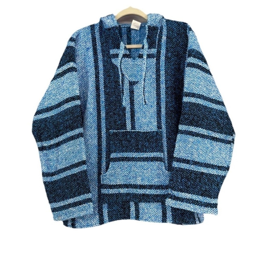 Artesanias Cuamatzi Mexican Baja Hoodie Blue Black Woven Hooded Drug Rug Medium